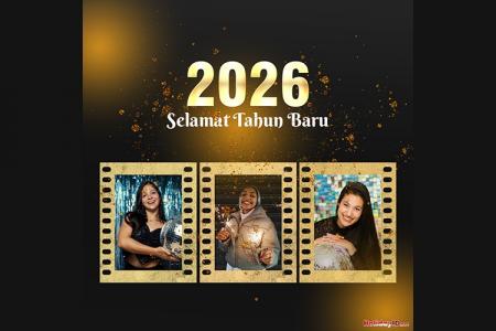 Bingkai Foto Selamat Tahun Baru 2026 Dengan 3 Foto