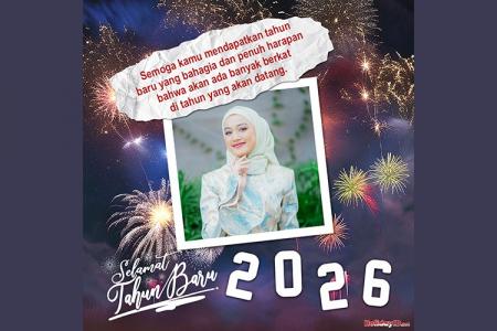 Kartu Ucapan Selamat Tahun Baru 2026 Berkilau Dengan Bingkai Foto