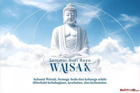 Kartu Ucapan Selamat Hari Raya Waisak Suci Bergambar Buddha di Latar Langit Berawan