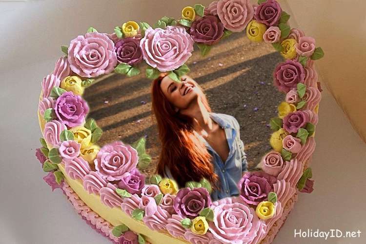 Kue Ulang Tahun Bunga Krim Hati Untuk Cinta Dengan Bingkai Foto